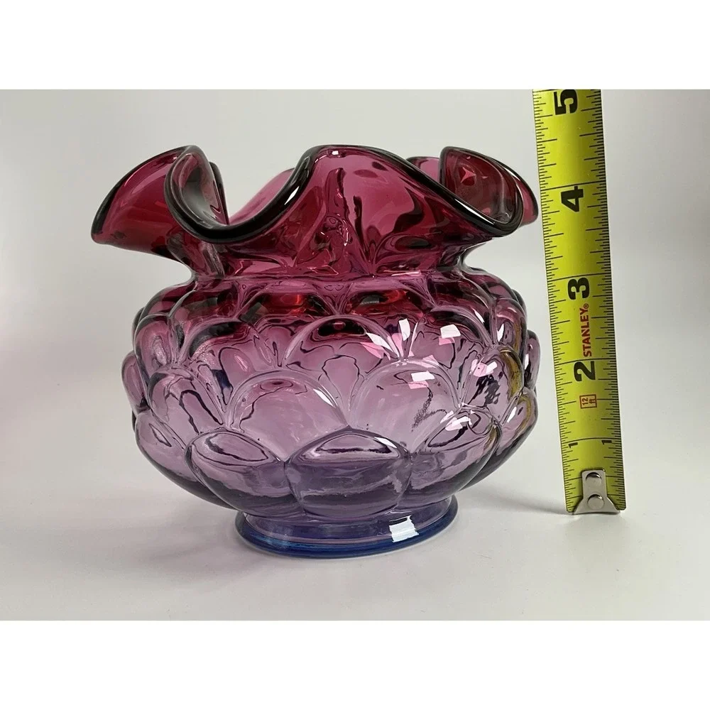 Fenton Mulberry Jacqueline Art Glass Vase Ruffled Rose Bowl Fish Scale Pattern